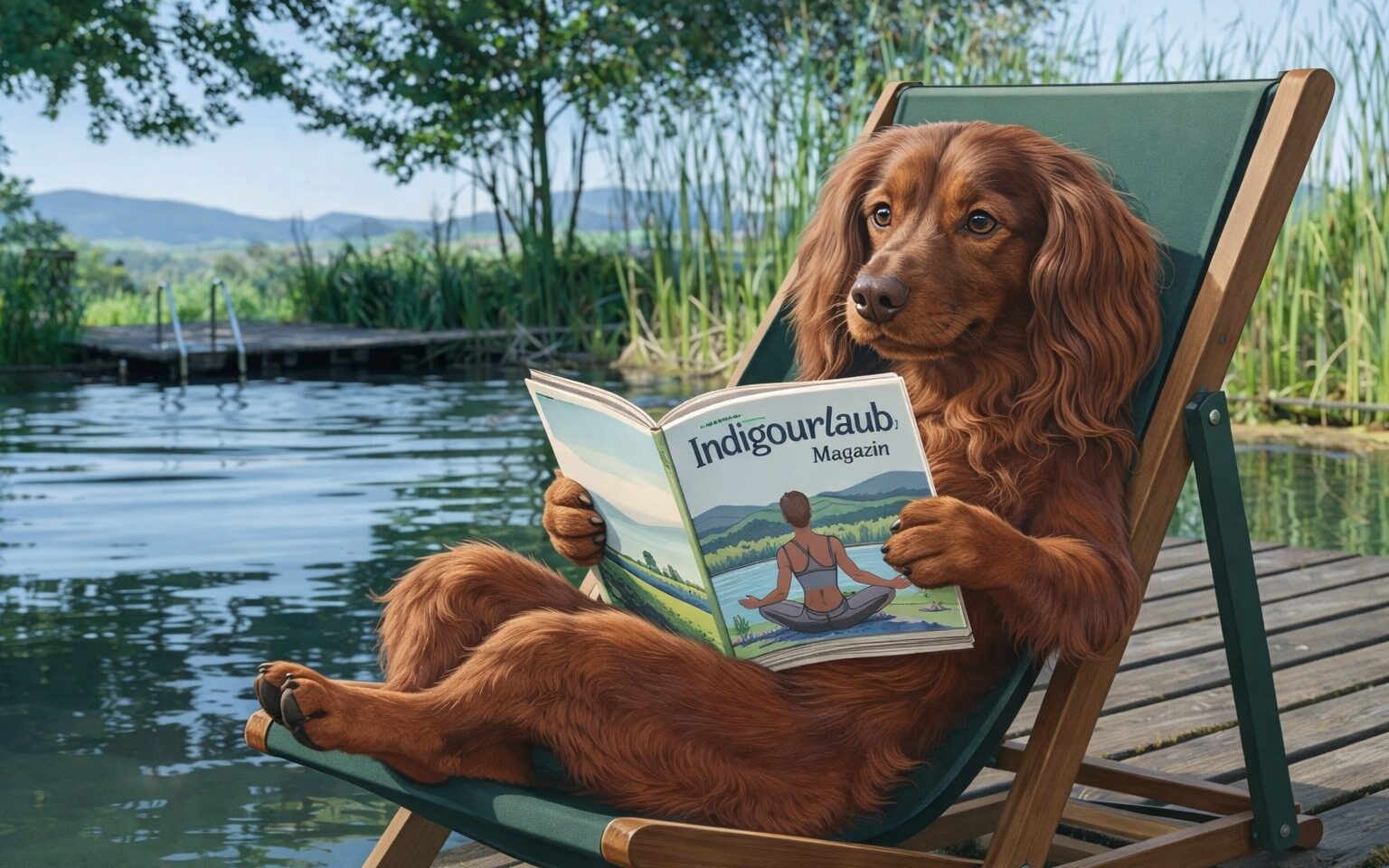 Hund liest am Wasser entspannt.